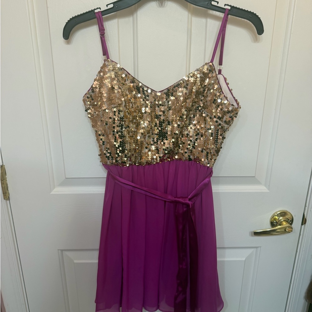 Juniors’ Gold & Violet Mini Strapped Dress: Hailey Logan by Adrianna Papell